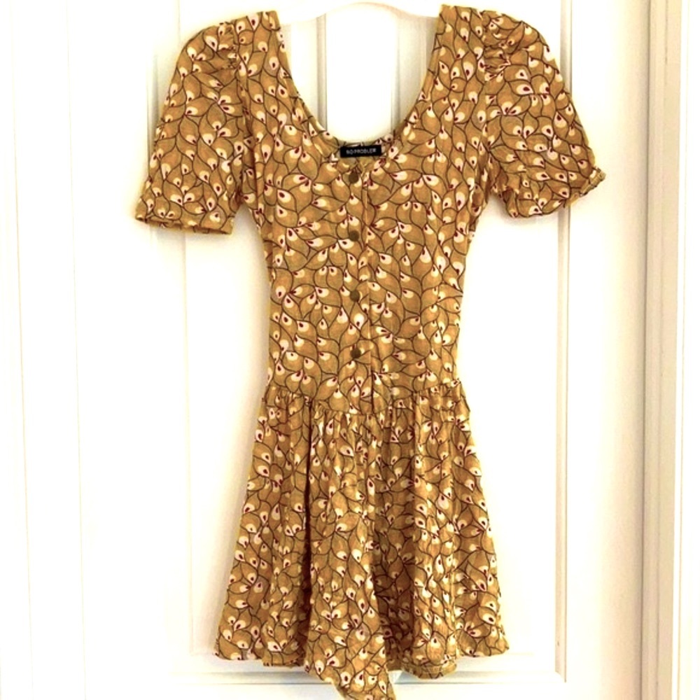 Gold Mini Romper Dress, gathered at shoulders & waist, Easy Front Opening